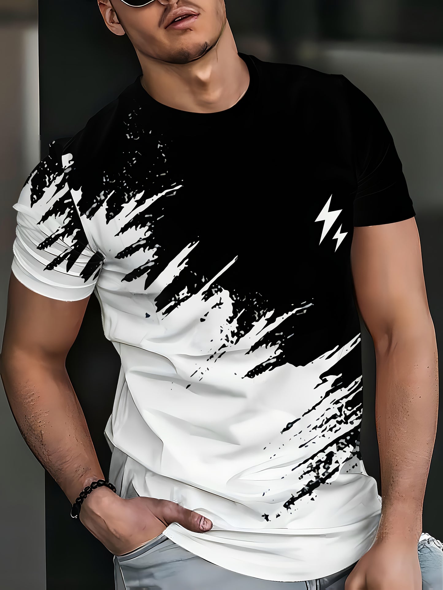 Men's Casual Short Sleeve T-Shirt with 3D Lightning Print, Dual-Tone Design, Round Neck - Polyester Blend, Machine Washable, Ideal for Summer Outdoor Activities, Summer Casual Wear|Round Neck Top|Smooth Fabric