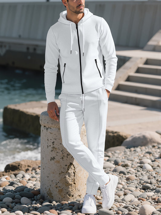 Նոր ոճի աշնանային տղամարդկանց 2 հատանոց հավաքածու, առօրյա, գլխարկով, երկար թևքերով, կայծակաճարմանդով սվիտեր և լարով, գրպաններով ջոգեր տաբատ, բոլոր եղանակների համար նախատեսված հագուստ տղամարդկանց համար