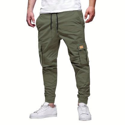 Men'S Fashion Cargo Pants, 100% Polyester Woven Fabric, All-Season Loose Fit with Drawstring Waist, Multi-Pocket Design, Solid Color, Mid Waist, Regular Length, Non-Stretch, Casual Joggers for Weekend - 160g/m²