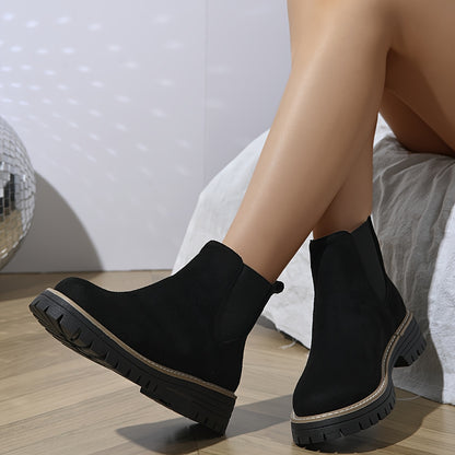 [Durable] Women's Black Ankle Boots - Comfortable Slip-On, Thick Sole, Elastic Side Straps, Round Toe, Casual Street Style, Versatile for All Seasons
