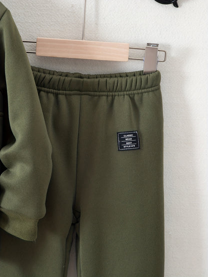 Տղաների հարմարավետ բրդյա աստառով վերնաշապիկի և սպորտային տաբատի հավաքածու - ձիթապտղի կանաչ, առօրյա ձմեռային հագուստ գրպաններով, հաստ տաքություն աշնան և ձմռան համար, սովորական չափսի, առօրյա հագուստ, բացօթյա օգտագործման համար