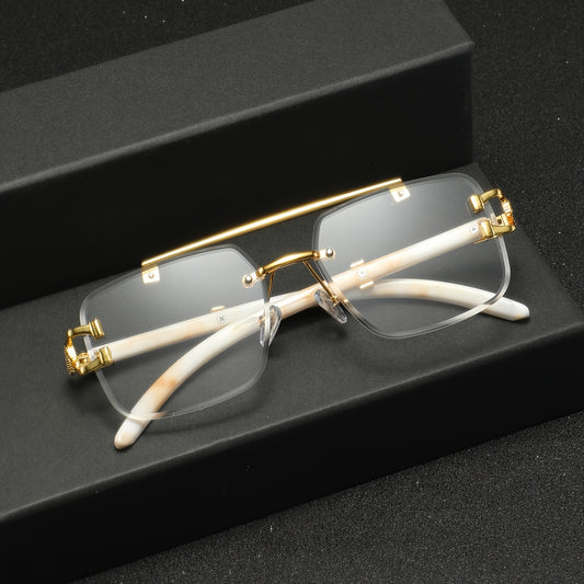 One Pair of Men's Metal Square Frameless Double Bar Vintage High-Quality Exquisite Lightweight Fashion Glasses Suitable for Daily Wear