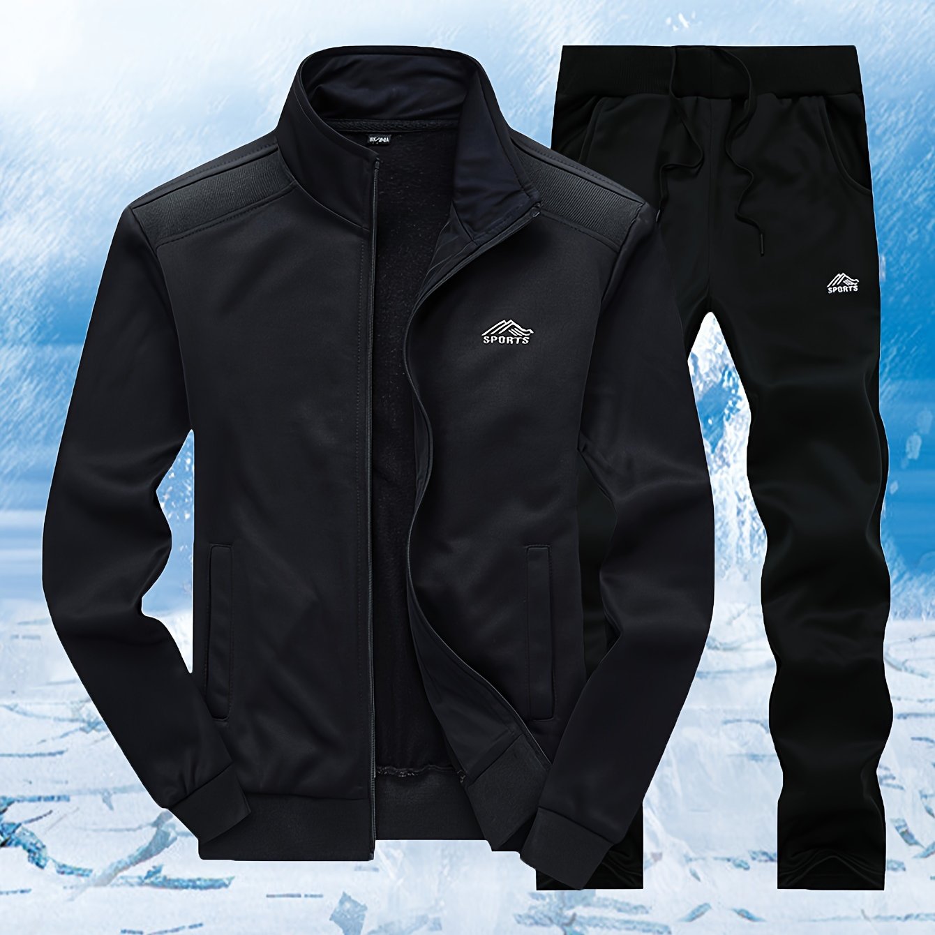 Men'S Casual Sportswear Set - Black Zip-Up Jacket & Pants with White Logo, Regular Fit, Spring/Fall Collection, Non-Stretch Fabric, Casual Attire|Zipup Jacket|Pants with Logo, Sweater Pants