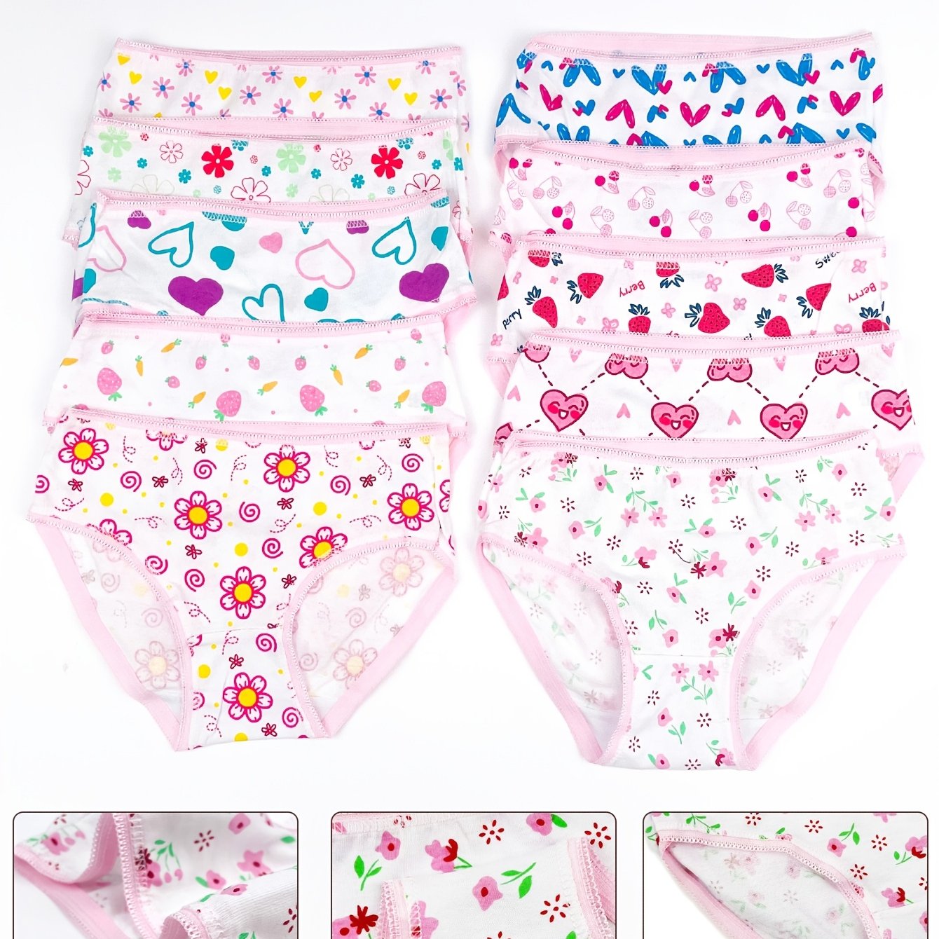 6pcs Girls' Cotton Panties, Love & Floral Pattern Soft Breathable Lace Triangle Underwear