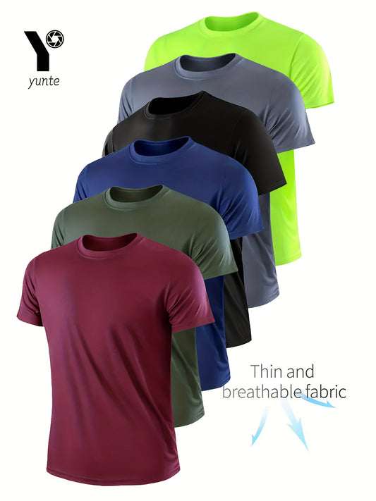 6-Pack Men'S Athletic T-Shirts, Quick-Dry, Breathable, Moisture-Wicking Crew Neck Tops, Solid Color, Polyester 100%, Regular Fit, Knit Fabric, Lightweight for Gym, Running, Sports Training - Assorted Colors, Sweat-Resistant