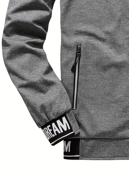 Տղամարդկանց ամենօրյա սպորտային հագուստի հավաքածու - բեժ գույնի ճարմանդով բաճկոն և մարզական տաբատ "DARE TO BE" տպագրությամբ, երկար թևերով, գրպաններով և քաշվող գոտիով, իդեալական է վազքի և հանգստի համար, գարուն/աշուն հավաքածու, գարուն-աշուն հագուստ | Zipup J