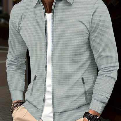 1 հատ տղամարդու ամենօրյա պոլիեսթերային կայծակաճարմանդով բաճկոն՝ օձիքով, միագույն, թեթևակի ձգվող, հյուսված կտորից, սովորական չափսերով, առանց աստառի - Գարուն/աշուն վերնազգեստ