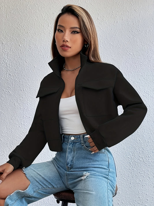Zip Front Flap Pockets Jacket, Casual Turtleneck Crop Jacket For Fall, Women's Clothing - ayq