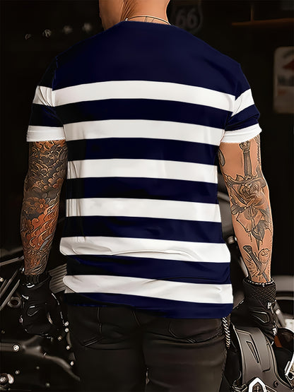 Տղամարդու կարճ թևքով, գծավոր, մուգ կապույտ, սպիտակ, ուղղահայաց շերտերով շապիկ՝ կլոր վզով, սովորական չափսերով, թեթև պոլիեսթերային գործվածքով, իդեալական է առօրյա հագուստի համար, դասական, գծավոր, թեթև շապիկ։