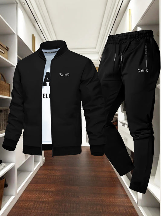 Men's New Calm and Stylish "" Print Jacket Shirt Set, Autumn-Winter Classic Trendy Versatile Two-Piece Outfit