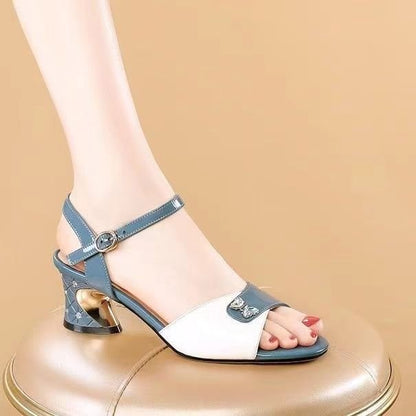 Women'S Fashion Solid Color Mid Heel Block Heel Open Toe Buckle Sandals, PU Upper, PU Insole, Rubber Sole, Hand Wash, for Women