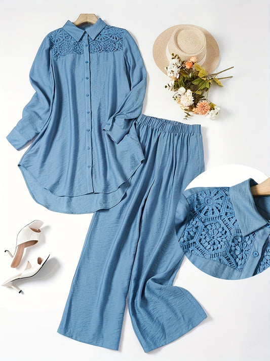 Երկու կտոր կանացի միագույն երկարաթև վերնաշապիկ և տաբատ, մինիմալիստական, առօրյա և նորաձև հավաքածու [NS702], պոլիեսթեր, կոնտրաստային ժանյակե դետալներով, էլեգանտ ոճ, գարուն/ամառ