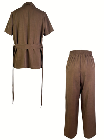 Էլեգանտ կանացի երկմասանոց հավաքածու. Շքեղ բեժ կարճ թևքով բաճկոն՝ ծակոտկեն դետալներով և ուղիղ տաբատ - պոլիեսթեր, գարուն/ամառային առօրյա հագուստ, առօրյա հագուստ | ծակոտկեն դետալներով բաճկոն | պոլիեսթերային գործվածք