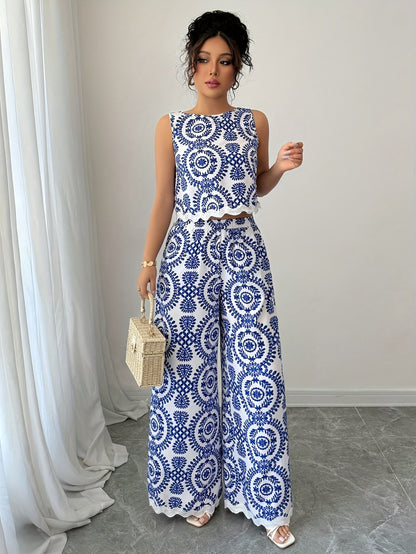 2 հատ կանացի բուսական նախշերով կլոր վզնոցով անթև վերնաշապիկի և տաբատի հավաքածու