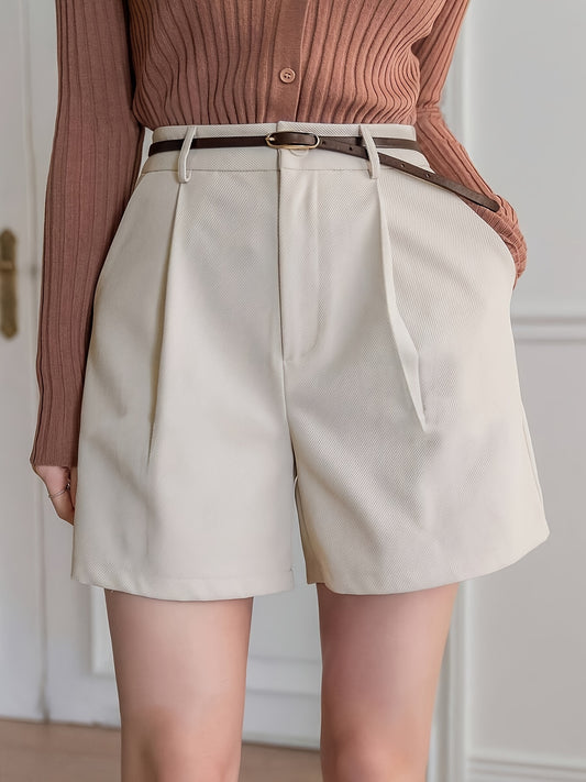 Women'S High-Waisted Straight Pants Shorts with Slant Pockets and Pleats, Solid Color, Woven Polyester, All-Season - ayq