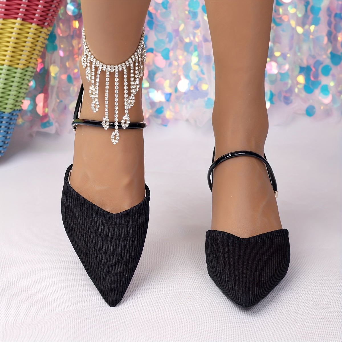 Women'S Elegant Black Pointed-Toe High Heel Sandals with Adjustable Ankle Strap - Slip-On Flared Block Heel, Synthetic Fabric Upper  Rubber Sole, Versatile for Casual or Formal Occasions, Durable Fashionable Party Shoes, Hig