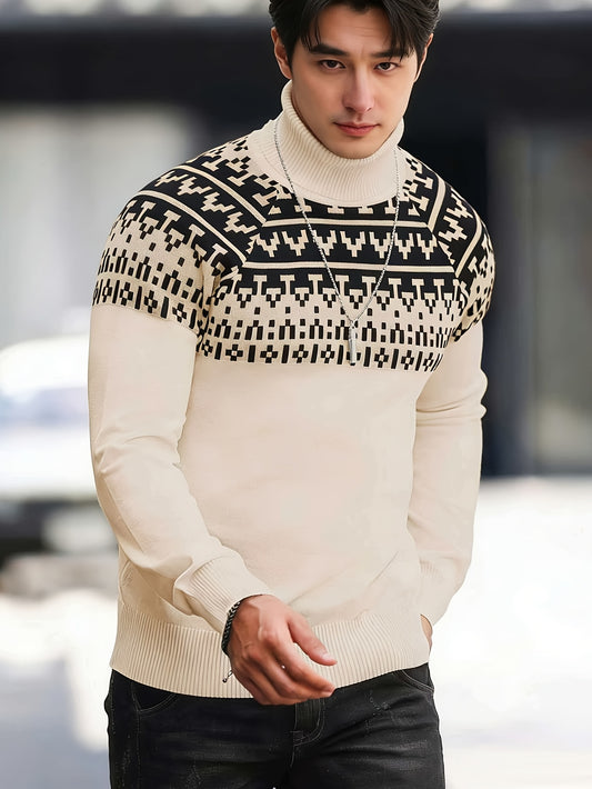 Men'S Solid Color Plaid Warm High-Neck Knitted Long-Sleeve Sweater for Casual Wear in Autumn And Winter