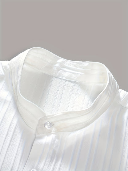 2-Piece Men's Summer Striped Polyester Suit, Short Sleeve Stand Collar Shirt and Drawstring Pants, Non-Stretch Fabric, Suitable for Casual Wear and Beach Vacation, Solid Color