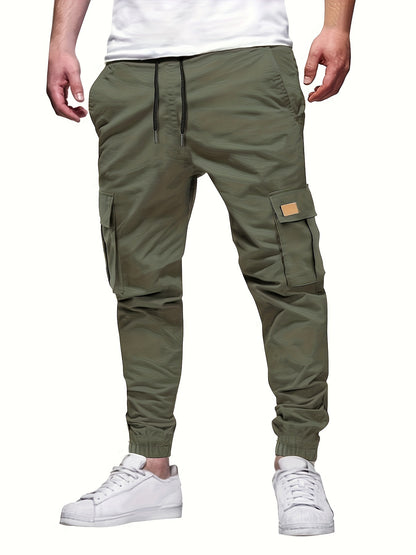 Men'S Fashion Cargo Pants, 100% Polyester Woven Fabric, All-Season Loose Fit with Drawstring Waist, Multi-Pocket Design, Solid Color, Mid Waist, Regular Length, Non-Stretch, Casual Joggers for Weekend - 160g/m²