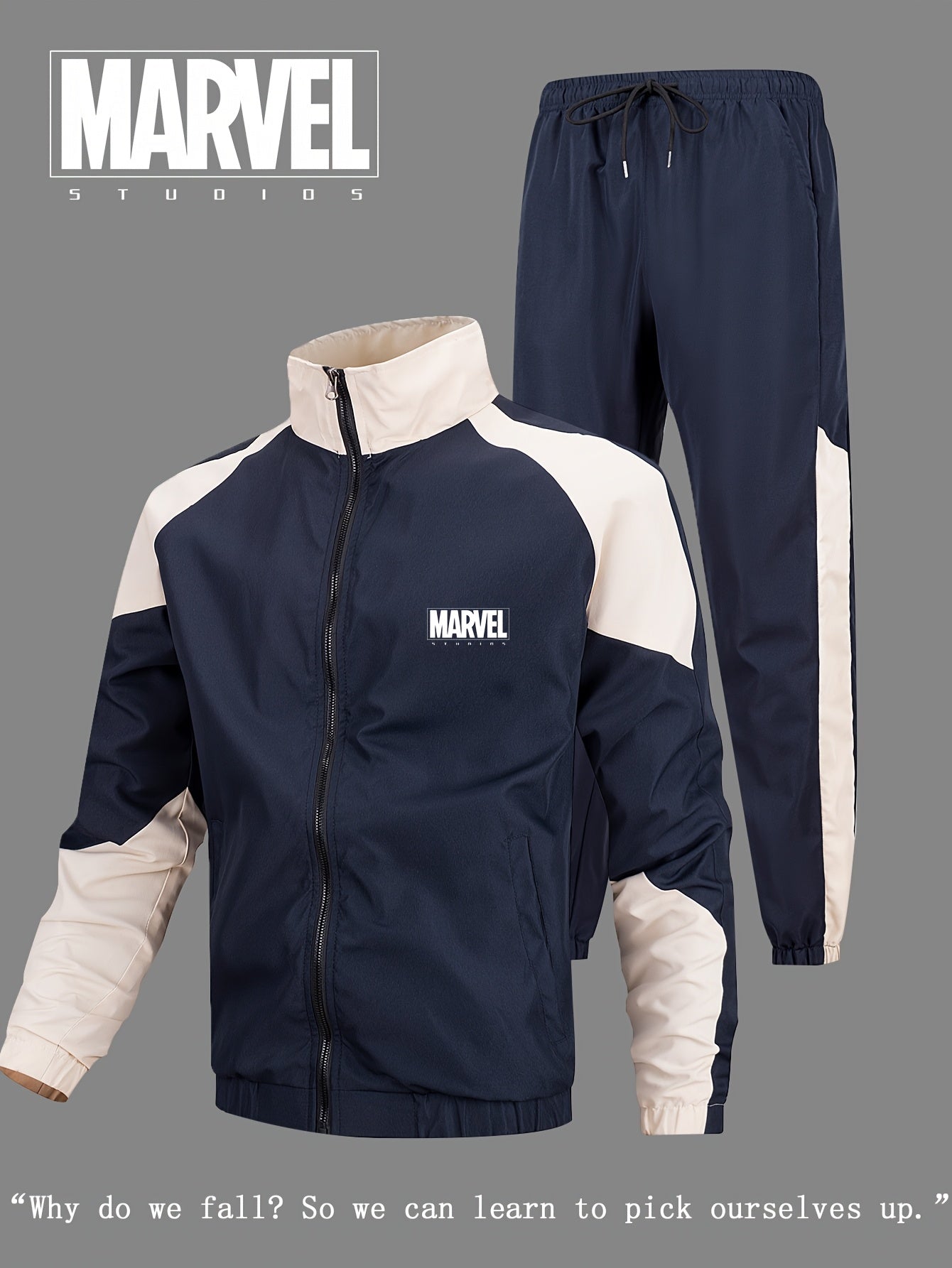 Marvel տղամարդկանց բացօթյա սպորտային հավաքածու, ամբողջական հավաքածու երկարաթեւ բաճկոնով և առաձգական գոտիով տաբատով, Marvel տառերով տպագրություն, հիմնական մարզական հագուստ, շնչող գործվածք, հարմար է սպորտի, ֆիթնեսի, ամենօրյա հագուստի համար: