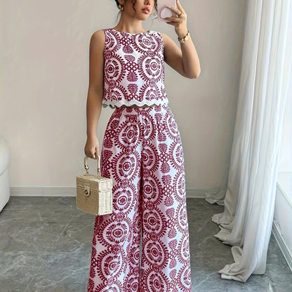 2 հատ կանացի բուսական նախշերով կլոր վզնոցով անթև վերնաշապիկի և տաբատի հավաքածու