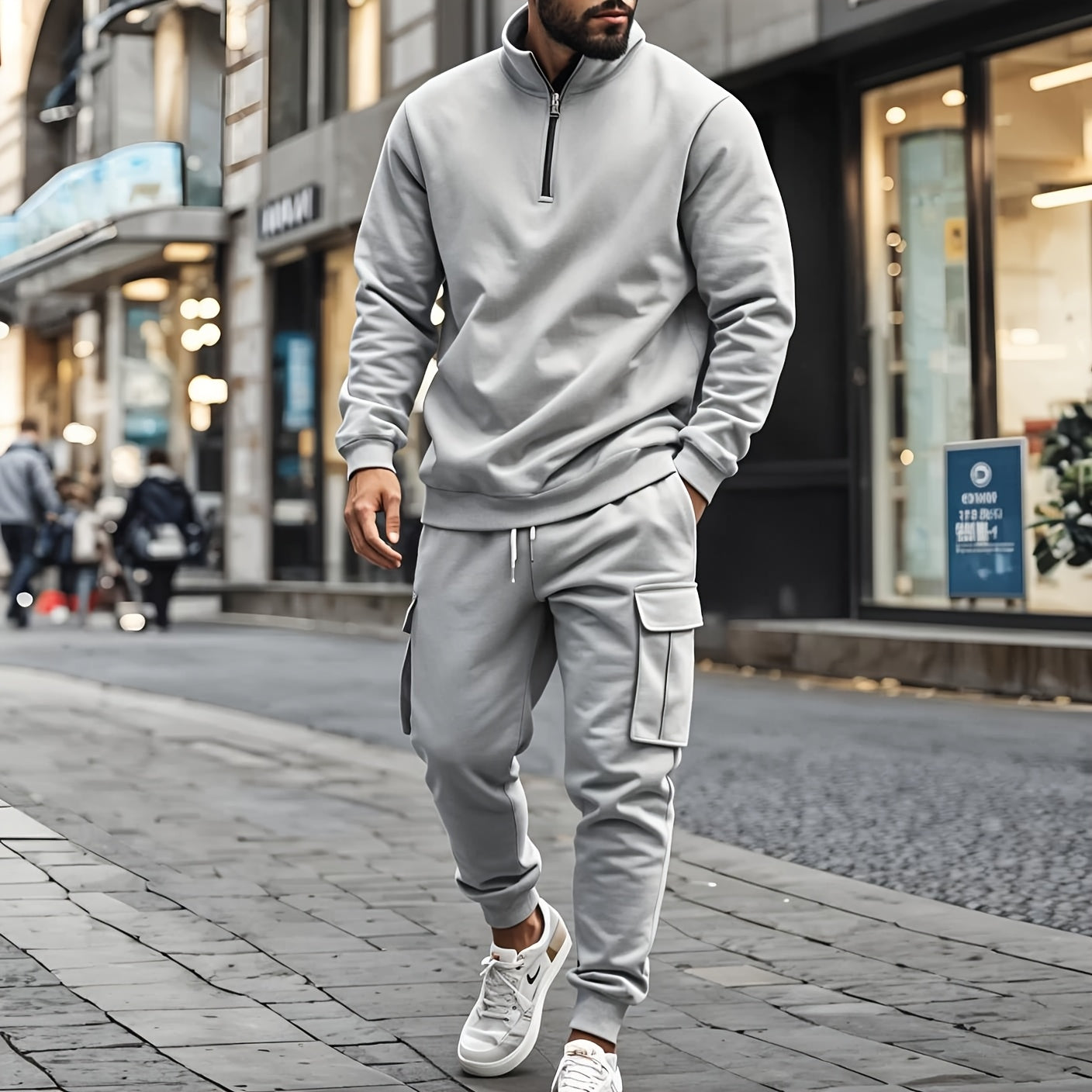 Բազմակողմանի համույթ, տղամարդկանց համար նախատեսված առօրյա 2 հատանոց հավաքածու. Բարձր վզնոցով ծանր, կայծակաճարմանդով սվիտեր և գրպաններով աշխատանքային տաբատ՝ միագույն, փափուկ գործվածքից՝ աշուն/ձմեռ համար