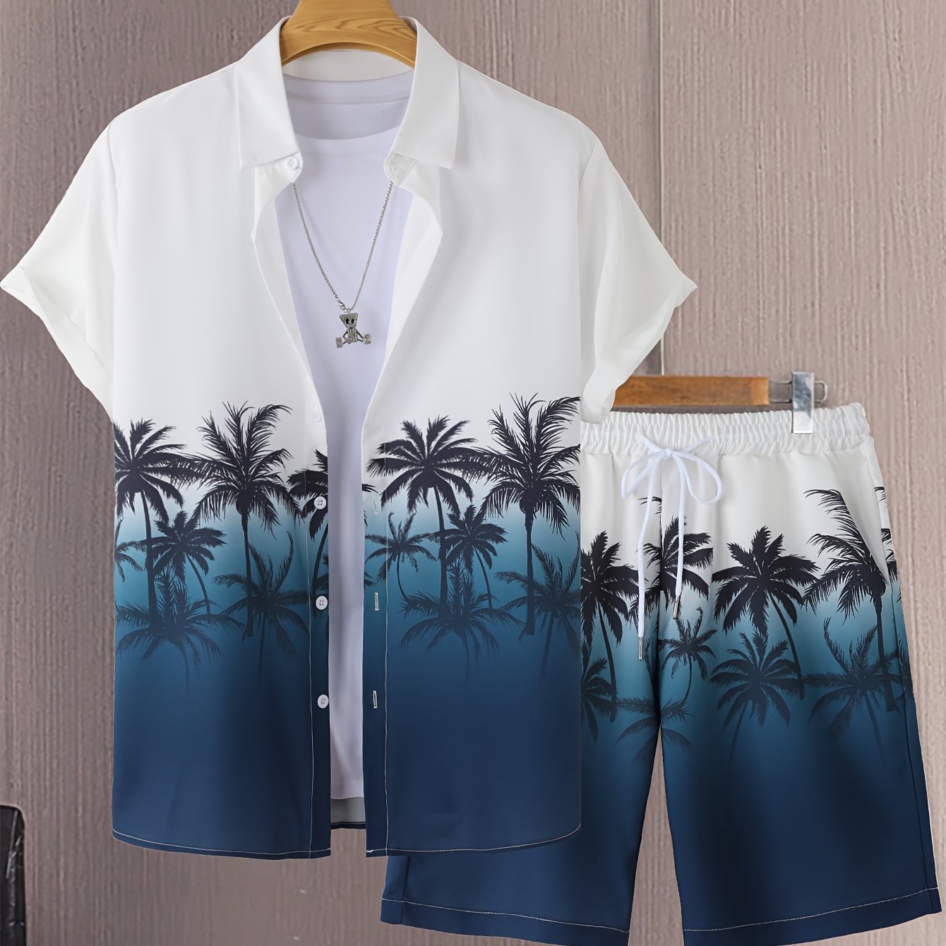 Men'S Casual Gradient Coconut Tree Short Sleeve Shirt + Shorts 2pcs Set - Tropical Palm Print, Button-Up Collared Design, Lightweight Polyester Blend for Spring/Summer Outings, Summer Outfit | Tropical Print | Lightweight Fab
