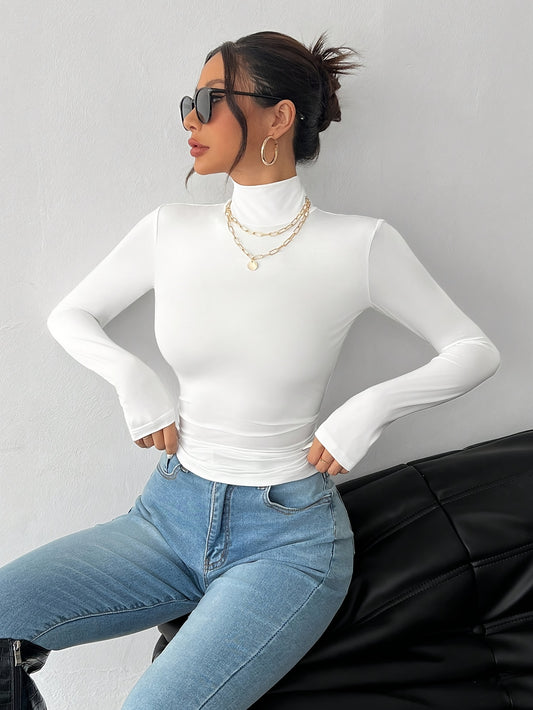 Women'S Elegant High Neck Long Sleeve T-Shirt - Soft Stretchy Solid Color Top for Spring Summer Fall, Versatile Casual & Formal Wear, Machine Washable, Seasonal Fashion, Sophisticated Style, Comfortable Fit, Stylish Blouse, F