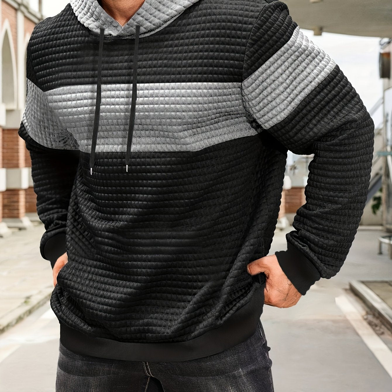 Նորաձև գլխարկով սվիտեր | Տղամարդու առօրյա սվիտեր թեթևակի ձգվող գործվածքից, երկար թևքերով, գրպանային դետալներով, միագույն նախշերով՝ գարուն/աշուն