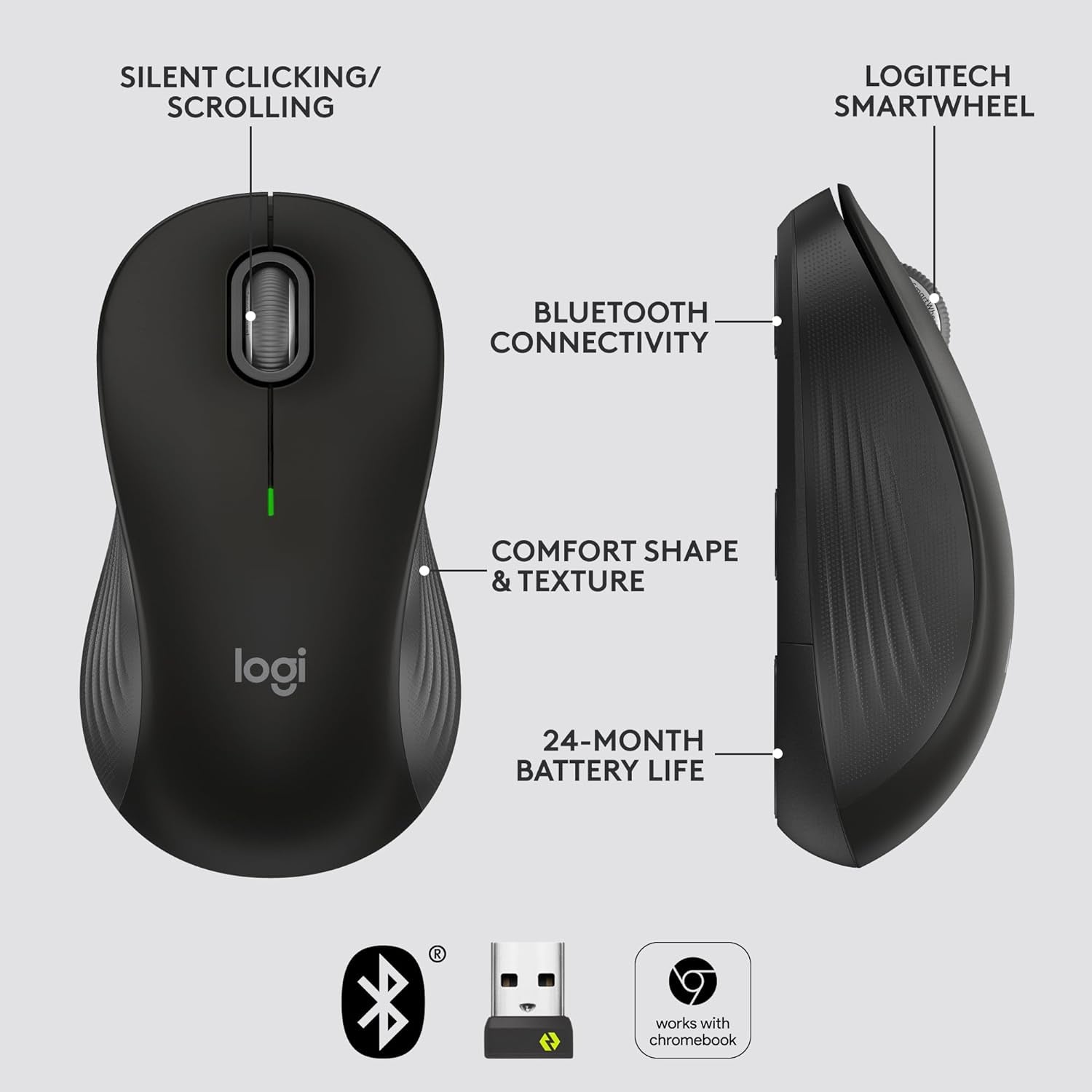Logitech Signature M550 L Full Size Wireless Mouse - for Large Sized Hands, 2-Year Battery, Silent Clicks, Bluetooth, Multi-Device Compatibility - Black