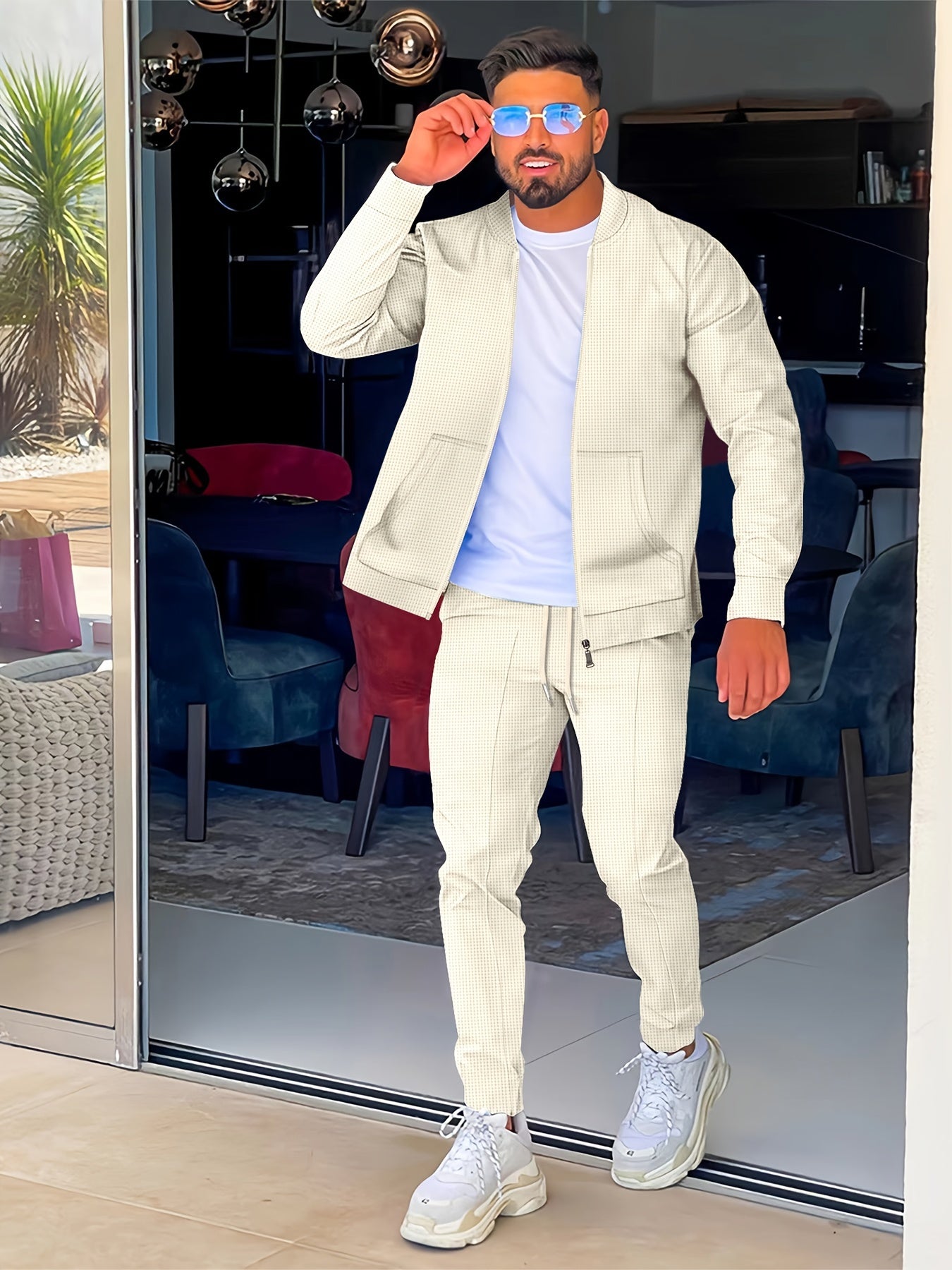 Բեյսբոլի օձիքով բաճկոնի և տաբատի հավաքածու՝ վաֆլի գործվածքից