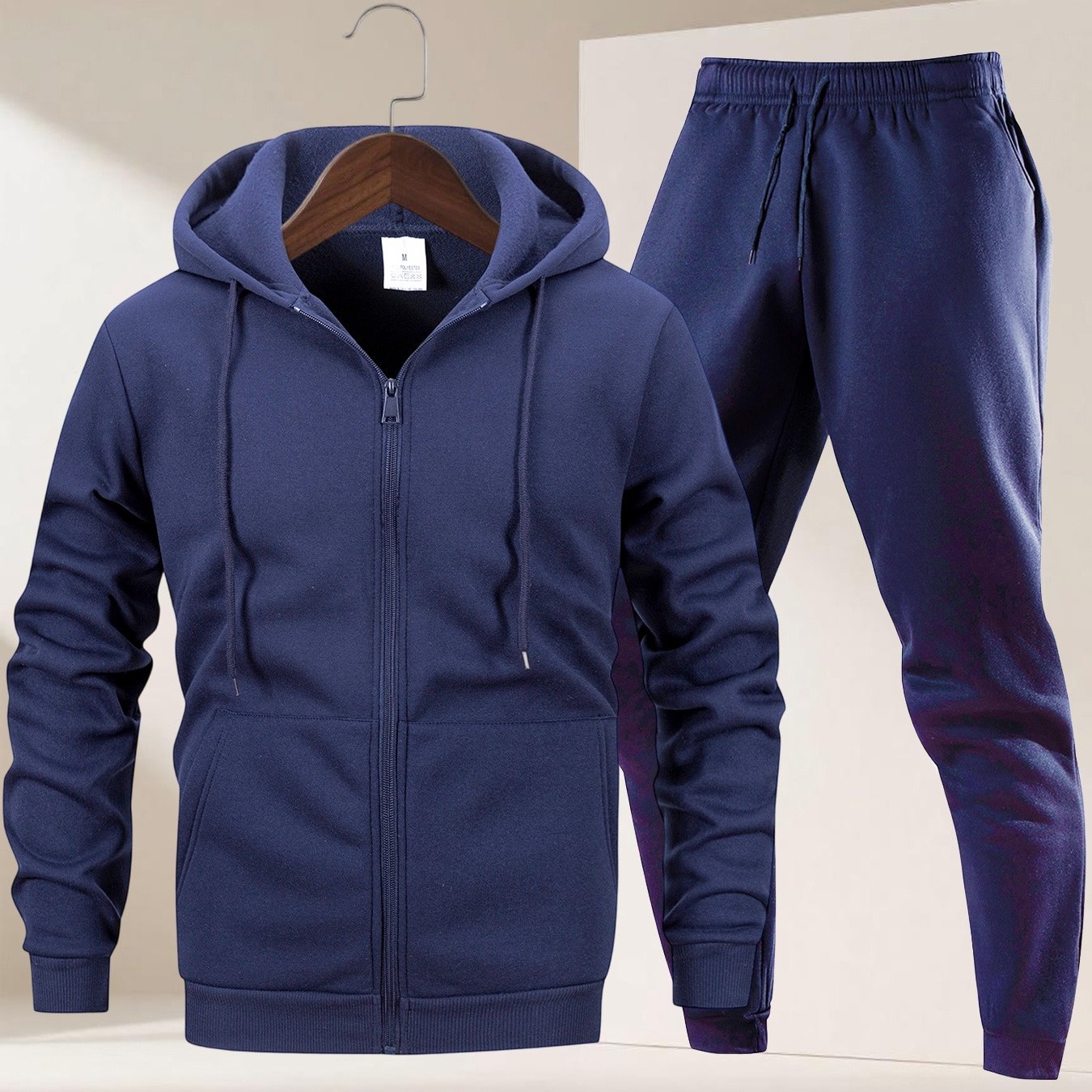 Autumn Winter Men's Hooded Sportswear Set, Simple Classic Versatile Outfit with Zip-Up -Lined Warm Jacket and Drawstring Sweatpants for Casual Leisurewear