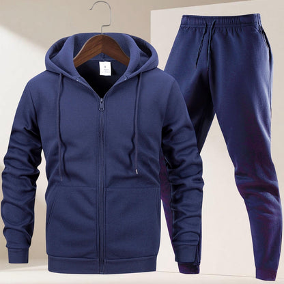 Autumn Winter Men's Hooded Sportswear Set, Simple Classic Versatile Outfit with Zip-Up -Lined Warm Jacket and Drawstring Sweatpants for Casual Leisurewear