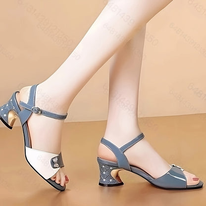 Women'S Fashion Solid Color Mid Heel Block Heel Open Toe Buckle Sandals, PU Upper, PU Insole, Rubber Sole, Hand Wash, for Women