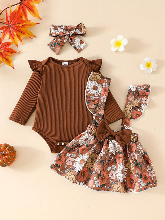 2pcs Cute Little Girl Flower Print Long Sleeve Flying Sleeve Ha Ha Shirt 0 Months-24 Months Baby Dark Buckle Collar Triangle Climbing Suit Spring and Autumn Clothes + Fashion Baby Carrier Skirt Long Does Not Include Shoulder - Ayq