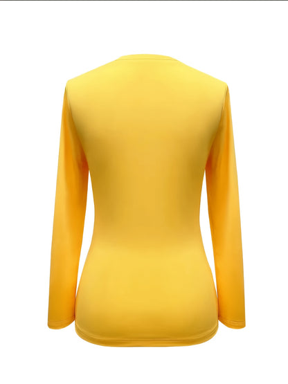 Women's Elegant Black Long Sleeve T-Shirt with Golden-Tone Circular Buttons - Round Neck Medium Stretch Top for Spring & Fall, Solid Color Regular Fit Casual to Semi-Formal Wear, Transitional Season Clothing, Sophisticated Bu