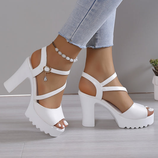 Women'S Summer Fashion Chunky Heel Sandals - White Open Toe with Buckle Strap, Comfortable PU Sole, Stylish High Heel Sandals for Casual Wear, Chunky Heel Sandals