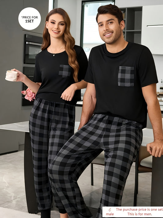 Print Round Neck Short Sleeve Top and Plaid Pants Pajamas for Men or Women Single Set