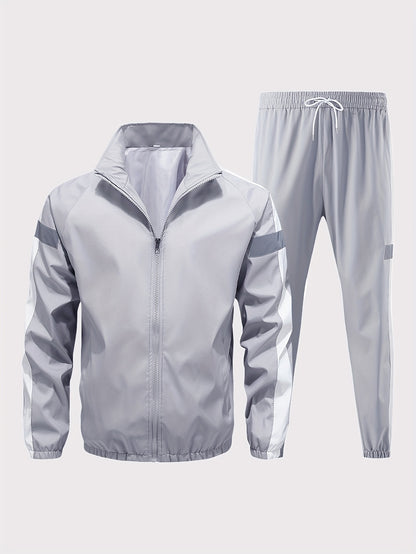 Men'S Casual Sportswear Set - 2pcs Autumn Fashionable Lightweight Fleece Jacket & Pants, Black & White with Red & Gray Accents, Perfect for Outdoor Activities & Casual Wear, Outdoor Casual Wear | Stylish Sportswear | Comforta