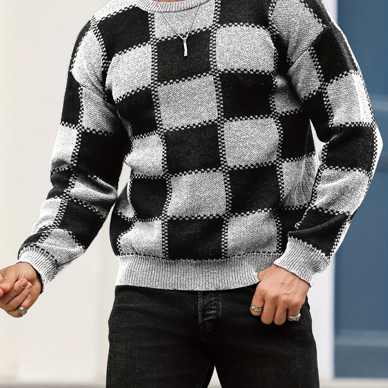 Տղամարդկանց գունաբլոկինգ տեքստուրային պրինտ, պատահական թրենդային սվիտեր, երկարաթև պուլովեր՝ որպես նվեր աշնան և ձմռան համար