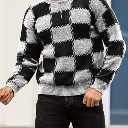 Տղամարդկանց գունաբլոկինգ տեքստուրային պրինտ, պատահական թրենդային սվիտեր, երկարաթև պուլովեր՝ որպես նվեր աշնան և ձմռան համար