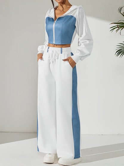 Women'S Stylish Two-Piece Set - Blue & Black Zip-Up Hoodie with Pockets, Long Sleeve Crop Top, and Wide-Leg Pants, Perfect for Spring/Fall, Casual Elegance, Casual Attire|Modern Casualwear|Zippered Hoodie