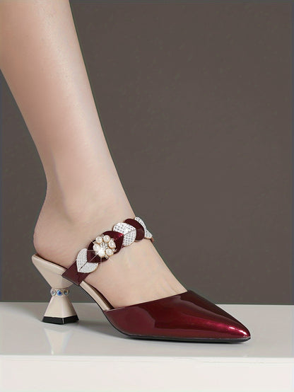 Կանացի միագույն, նորաձև սանդալներ, արհեստական մարգարիտներով, ճարմանդով գոտիով հարմարավետ, հաստ կրունկով կոշիկներ, թեթև, սուր քթով զգեստային կոշիկներ