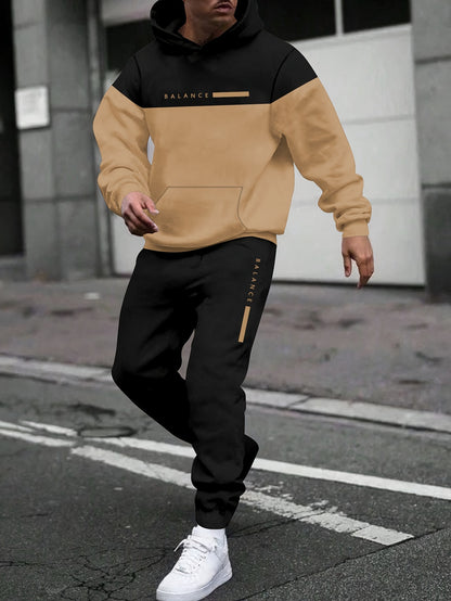 Տղամարդու աշուն/ձմեռ առօրյա պոլիեսթերային սպորտային համազգեստի հավաքածու - երկար թևքերով գլխարկով վերնաշապիկ՝ տառերի տպագրությամբ և պատչվորք դիզայնով, կանոնավոր չափի լարով վազորդներ, տրիկոտաժե գործվածք, թեթևակի ձգվող