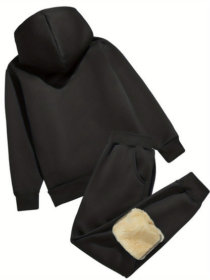 2pcs Boys' Thick Fleece-Lined Hooded Sweatsuit Set - Cozy Winter Warmth, Long Sleeve Pullover & Pants with Pockets, Casual Outdoor Playwear for Fall/Winter, for Outdoor, Winter Clothing