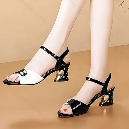 Women'S Fashion Solid Color Mid Heel Block Heel Open Toe Buckle Sandals, PU Upper, PU Insole, Rubber Sole, Hand Wash, for Women