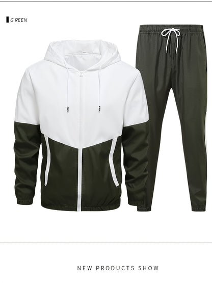 Տղամարդկանց գարուն-աշուն բացօթյա սպորտաձևերի մարզումների համար նախատեսված ամենօրյա գունային բլոկներով կարված վերնաշապիկով, կարգավորվող հավաքածու՝ տնային վերնաշապիկով և տաբատով, նորաձև քամուց պաշտպանող բաճկոնով, տաբատով, երկկտոր կոստյումով