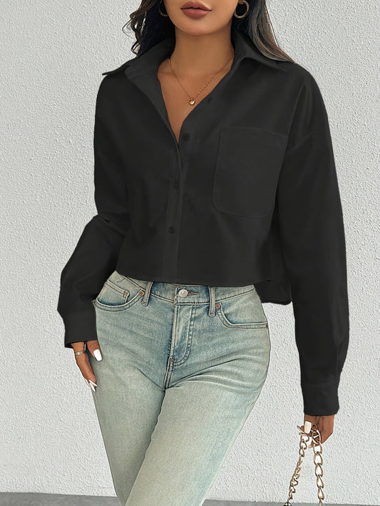 Elegant Women'S Solid Color Short Blouse with Front Pocket, 100% Polyester Woven Shirt, Versatile All-Season Top with Collared Neckline and Button-Up Closure - ayq