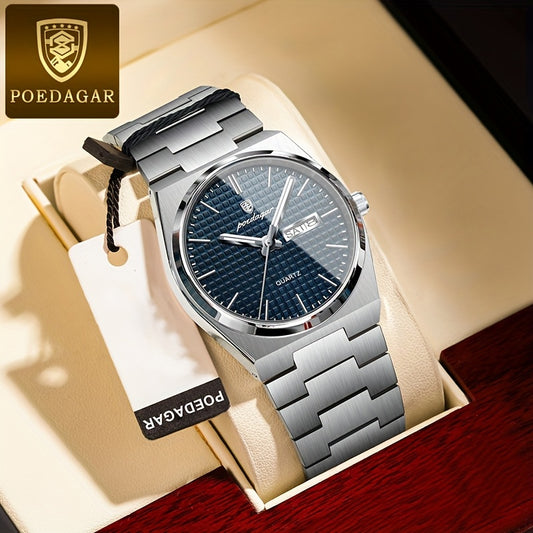 POEDAGAR Elegant Women'S Quartz Watch, Luminous Calendar, Stainless Steel Band, Round Alloy Case, Fashionable Night-Glowing Dial with Blue & Orange Accents