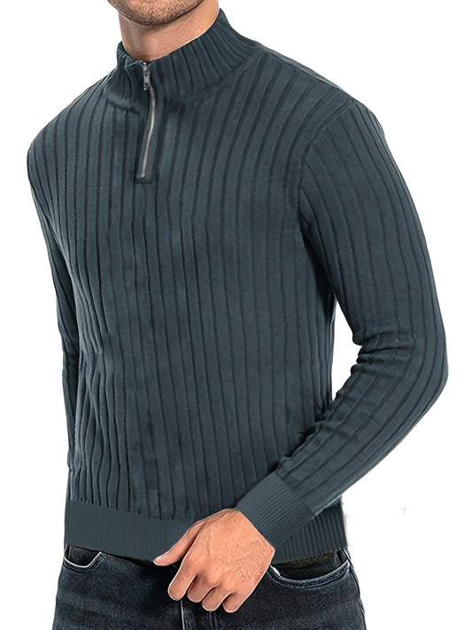 Men'S Casual Polyester Sweater, Solid Color, High Neck Quarter Zip, Long-Sleeved Pullover, Regular Fit, 100% Polyester Knit Fabric, 230g/m² - Fall/Winter Essential - ayq